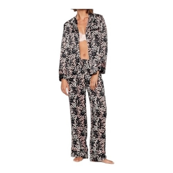 Victoria's Secret Black Floral Button-Front Pajama Set with Pink Accents